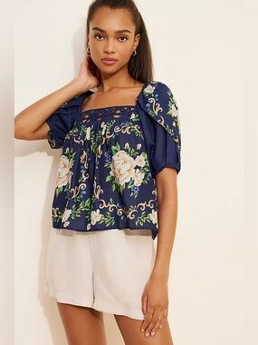 Farm Rio Flower Tapestry Blue Flowered Yoke Blouse S/M NWT